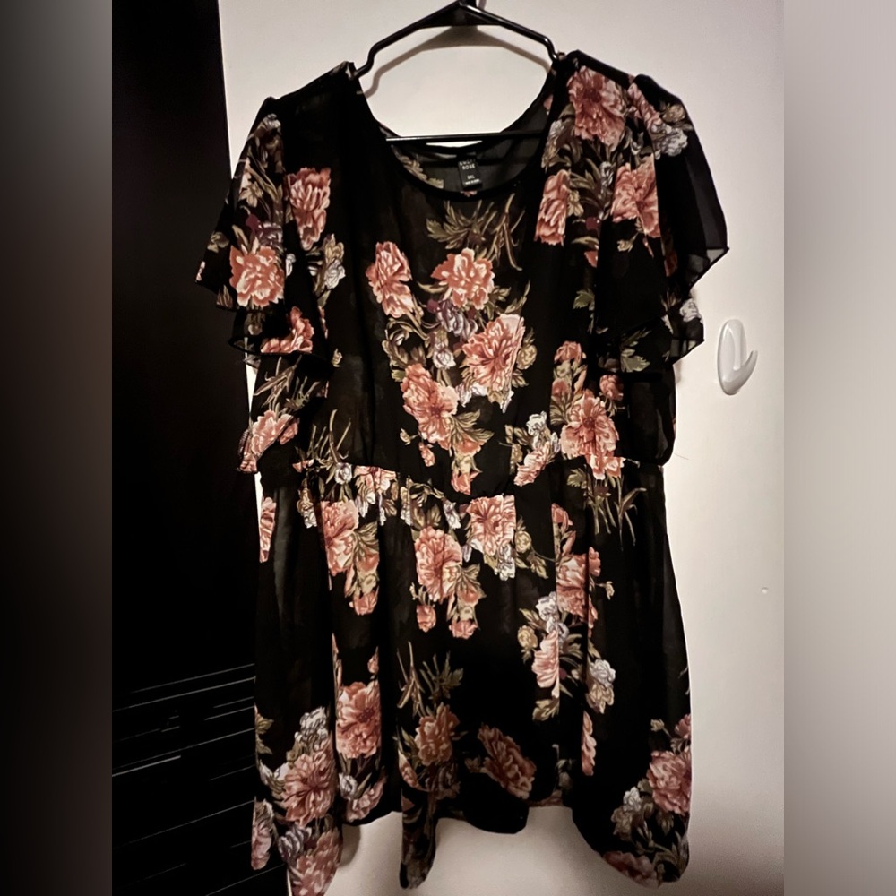 SHEIN Floral Chiffon Sheer Blouse With Cinched Waist size 3xl black pink floral